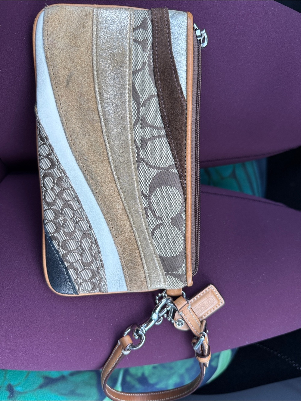 Coach Patchwork Wristlet in Brown, Tan, Cream and White
